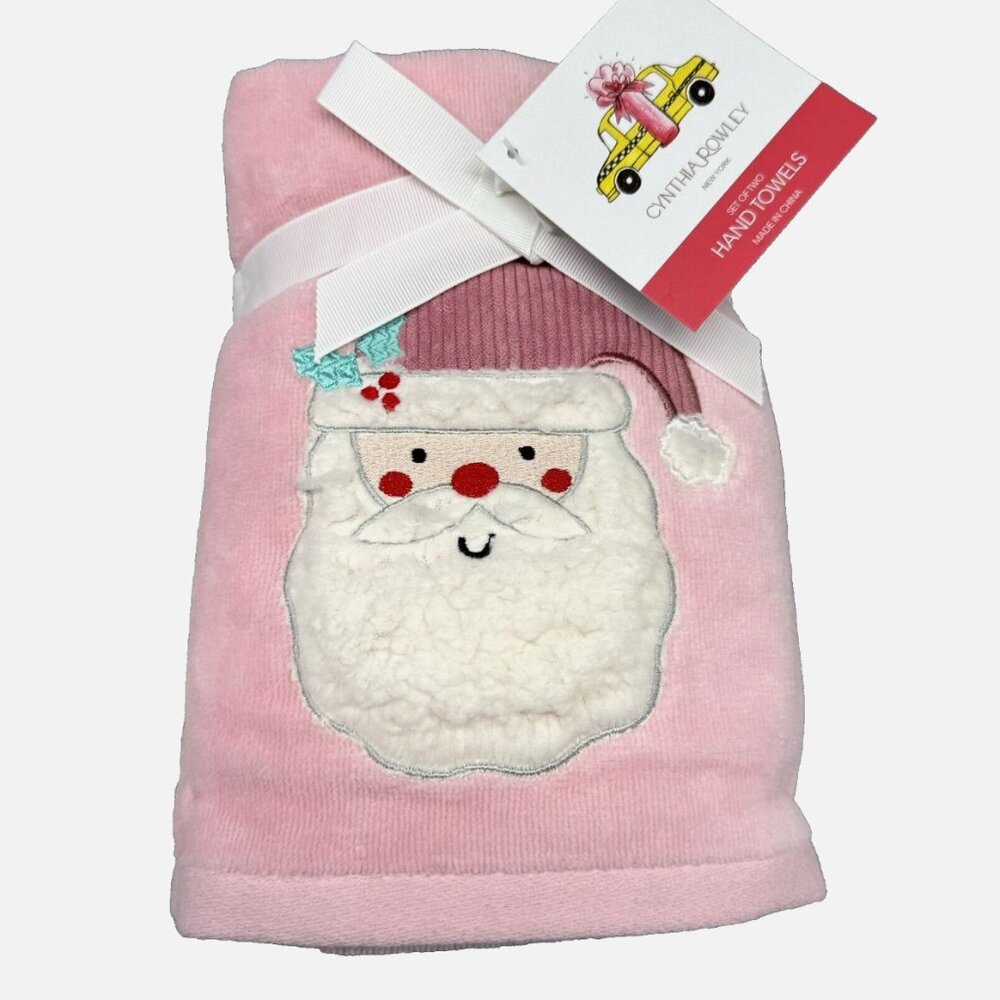 2 pc Cynthia Rowley Pink Santa Claus Hand Towel Set Embroidered Sherpa Christmas